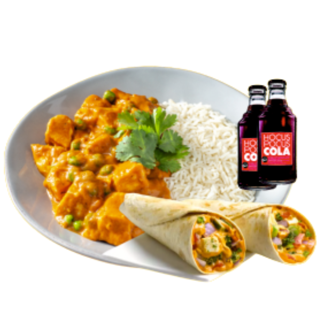 1 Butter Chicken 1 White Rice 1 Tikka Boti Roll 2 Drinks