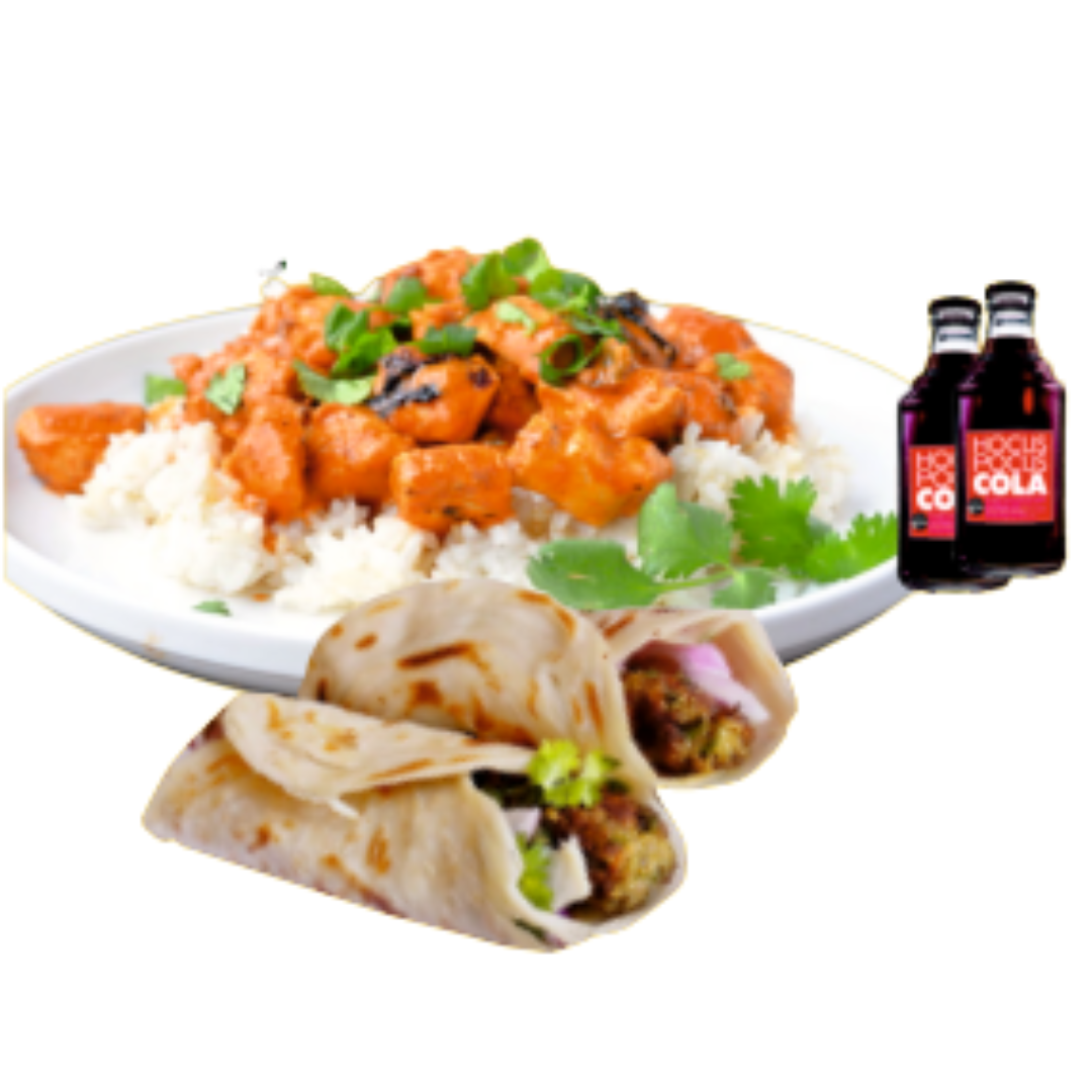 1 Tikka Masala 1 White Rice 1 Seekh Kabab Roll 2 Drinks